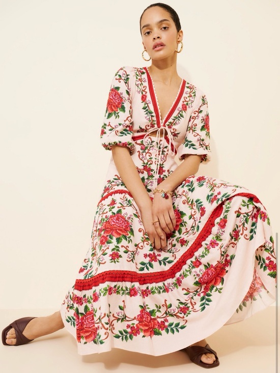FARM Rio Dresses & Skirts - FARM Rio Pink Floral Embroidered V-Neck Maxi Dress SZ Medium